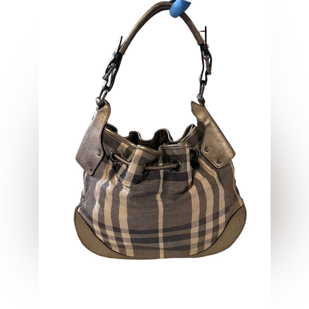 BURBERRY Metallic/Grey Beat Check Canvas and Leather Drawstring Hobo - Picture 4 of 11